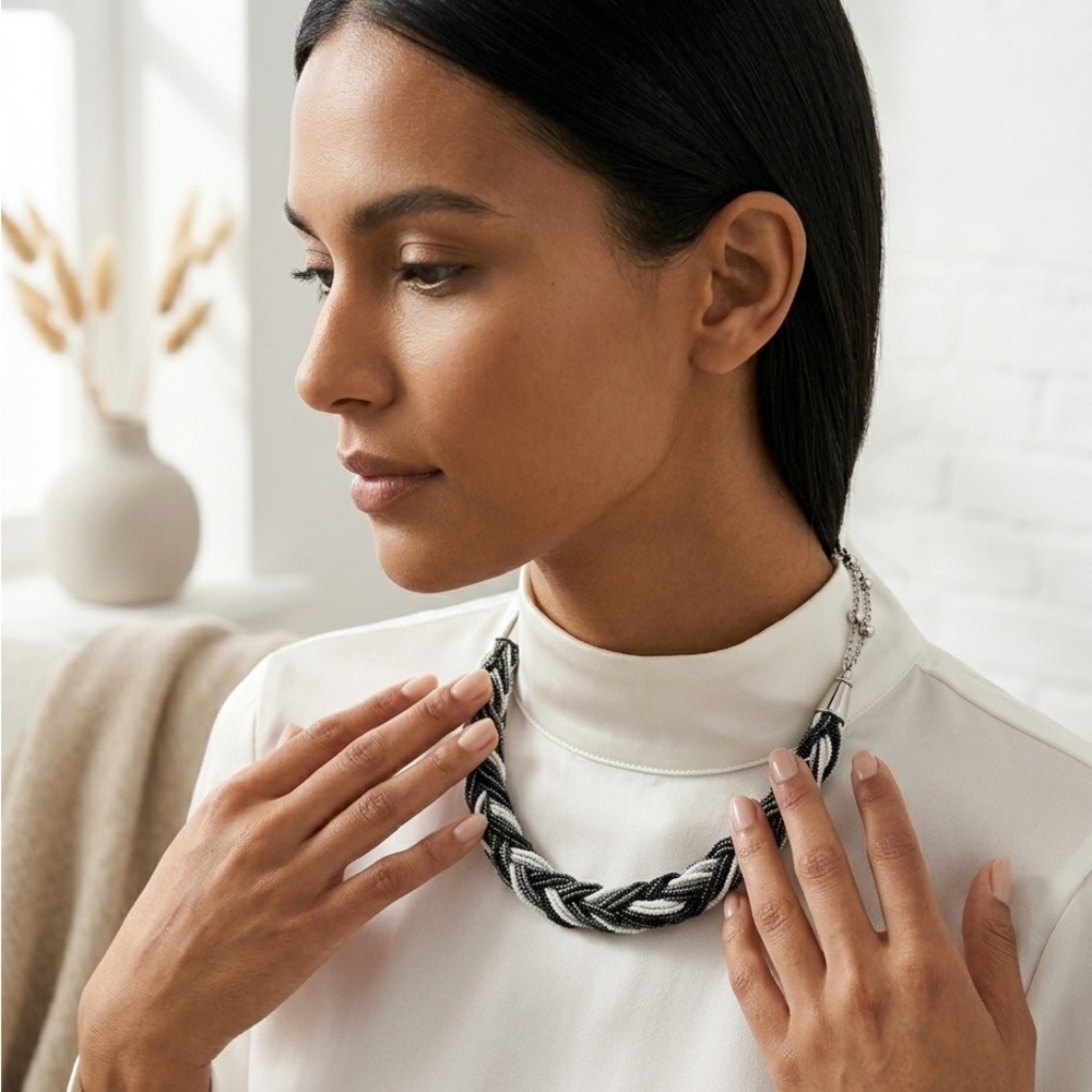 Black White Silver Gray Braided Seed Bead Statement Necklace Bracelet Set Cones - Picture 2 of 12